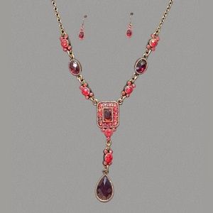 Avon red statement gem jeweled necklace set earrings vintage